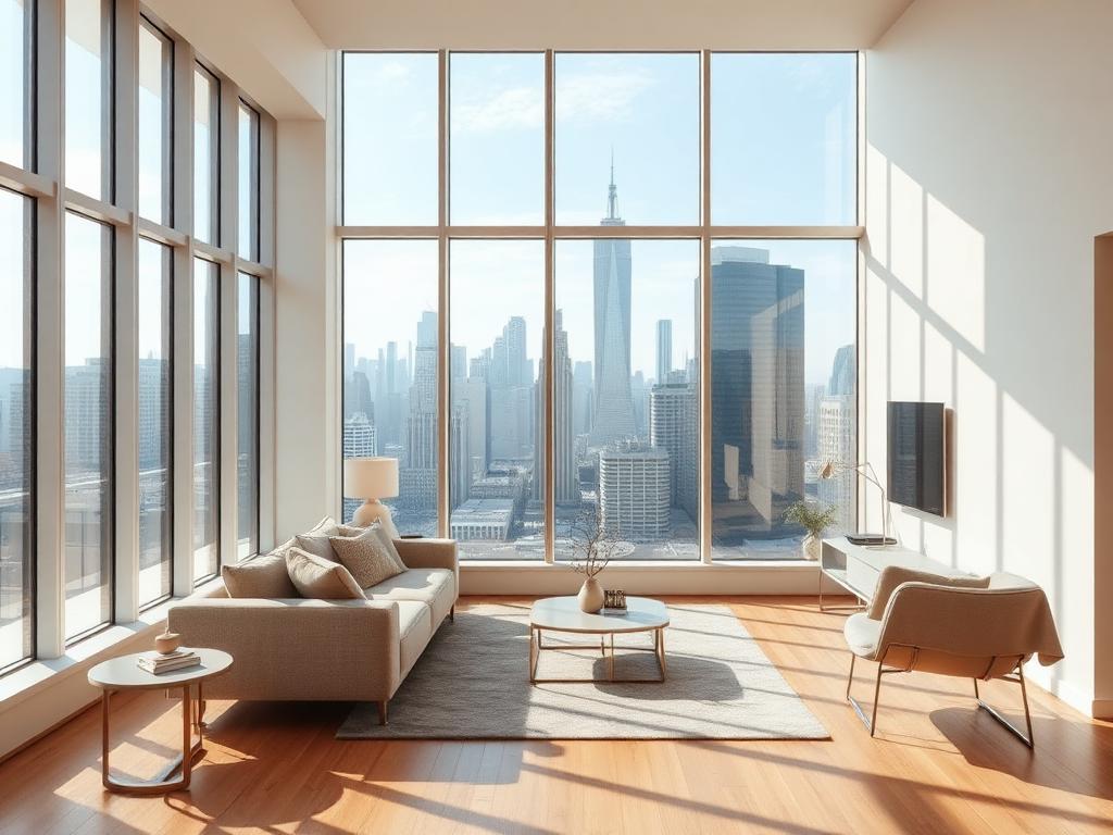Sala de estar moderna e iluminada com vista para a cidade